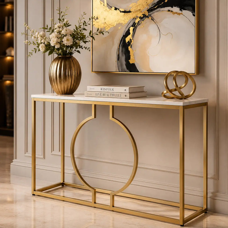 Metallic Ring Console Table with White Marble Table Top