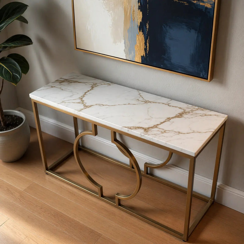 metallic-ring-console-table-with-white-marble-table-top
