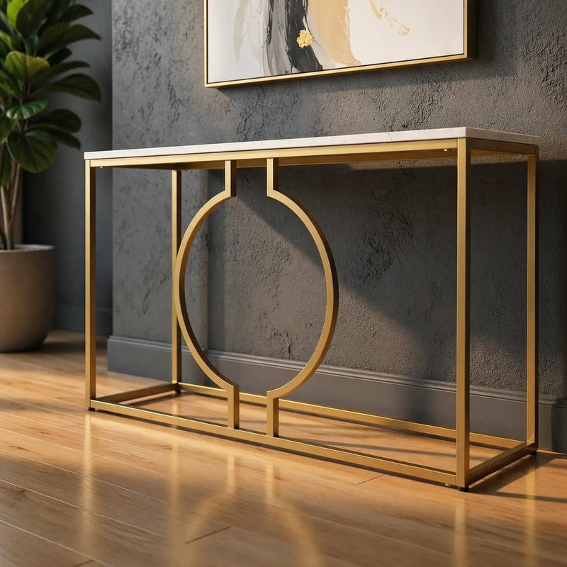 metallic-ring-console-table-with-white-marble-table-top