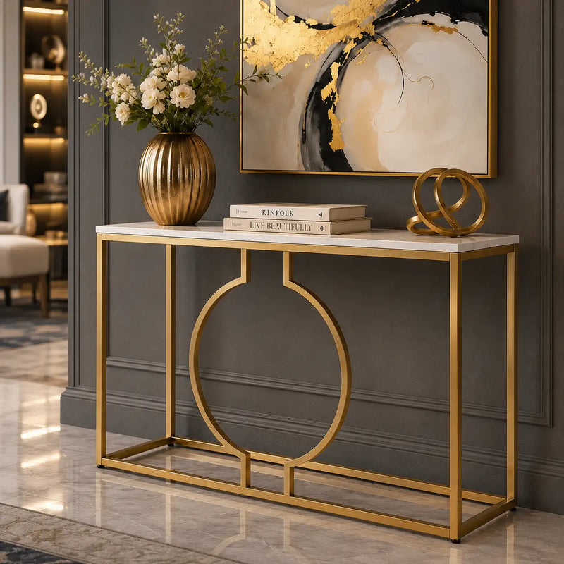 Metallic Ring Console Table with White Marble Table Top