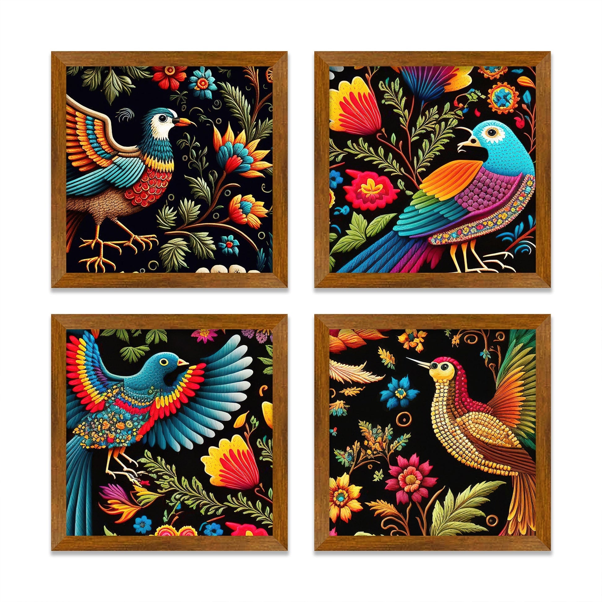 Mexican Embroidery Bird Art Wall Frame Set of Four