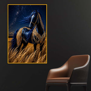 Midnight Blue Horse Floating Frame Crystal Wall Painting