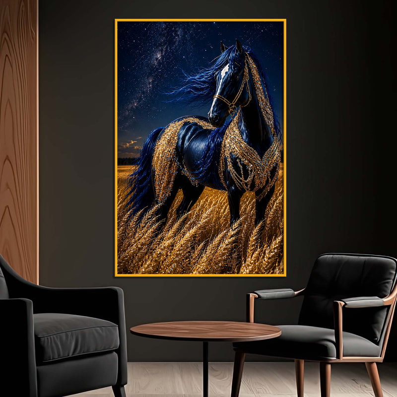 Midnight Blue Horse Floating Frame Crystal Wall Painting