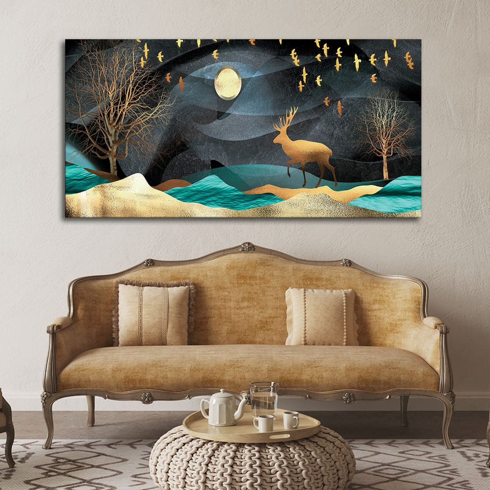 Midnight Golden Deer Scenery Premium Canvas Wall Painting