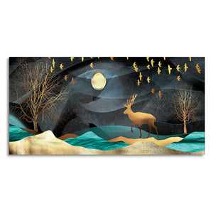 Midnight Golden Deer Scenery Premium Canvas Wall Painting