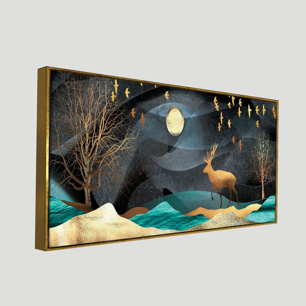 Midnight Golden Deer Scenery Premium Canvas Wall Painting