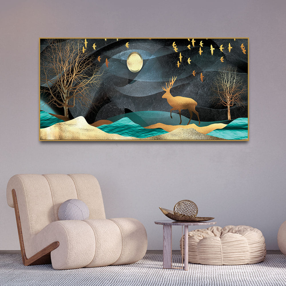 Midnight Golden Deer Scenery Premium Canvas Wall Painting