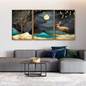 Midnight Golden Deer Scenery Premium Floating Canvas Wall Painting Set of Three