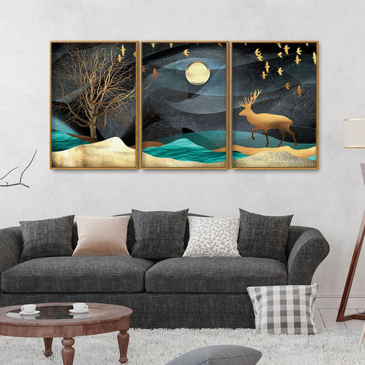 Midnight Golden Deer Scenery Premium Floating Canvas Wall Painting Set of Three