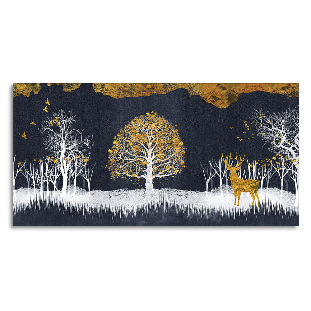 Midnight Golden Deer With Birds Scenery Premium Canvas Wall Painting