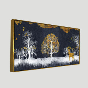 Midnight Golden Deer With Birds Scenery Premium Canvas Wall Painting