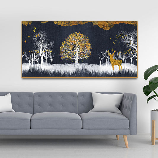 Midnight Golden Deer With Birds Scenery Premium Canvas Wall Painting