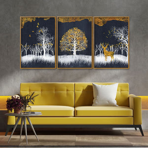 Midnight Golden Deer With Birds Scenery Premium Floating Canvas Wall Painting Set of Three