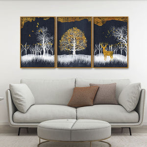 Midnight Golden Deer With Birds Scenery Premium Floating Canvas Wall Painting Set of Three