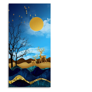 Midnight Golden Deers Scenery with Moon Premium Canvas Wall Painting