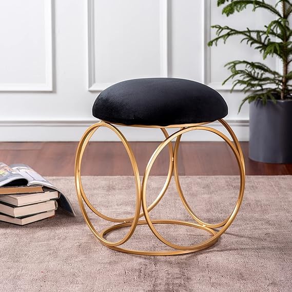 Minimalist Glam Black Color Stool with Circular Gold Base