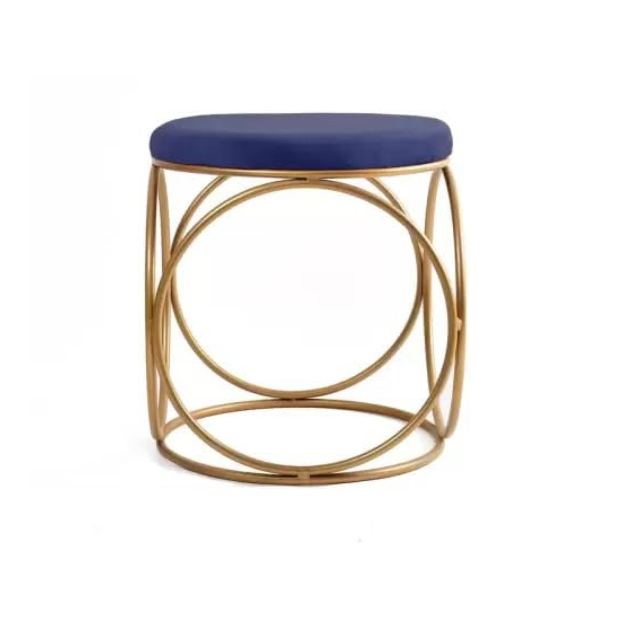 Minimalist Glam Rich Blue Color Stool with Circular Gold Base