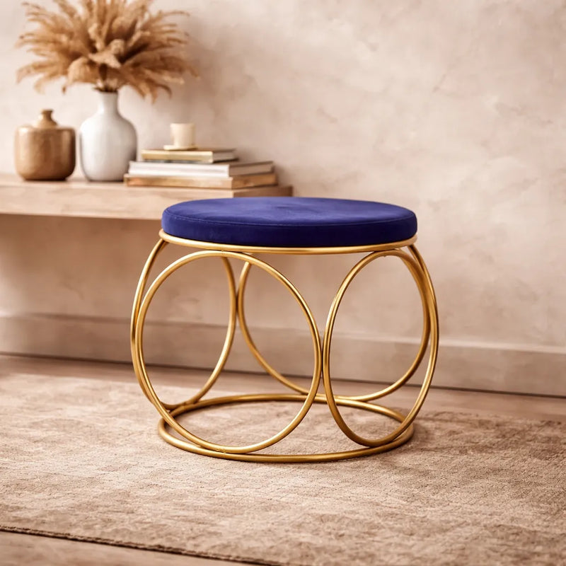 minimalist-glam-rich-blue-color-stool-with-circular-gold-base