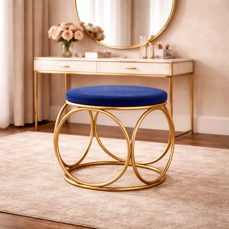 minimalist-glam-rich-blue-color-stool-with-circular-gold-base