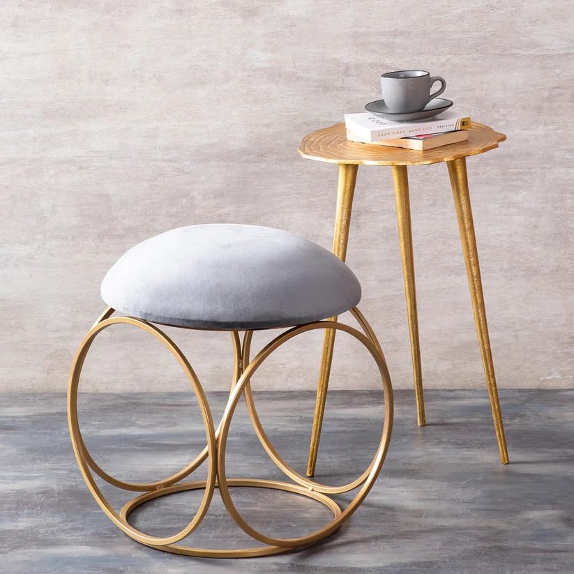 Minimalist Glam Rich Grey Color Stool with Circular Gold Base