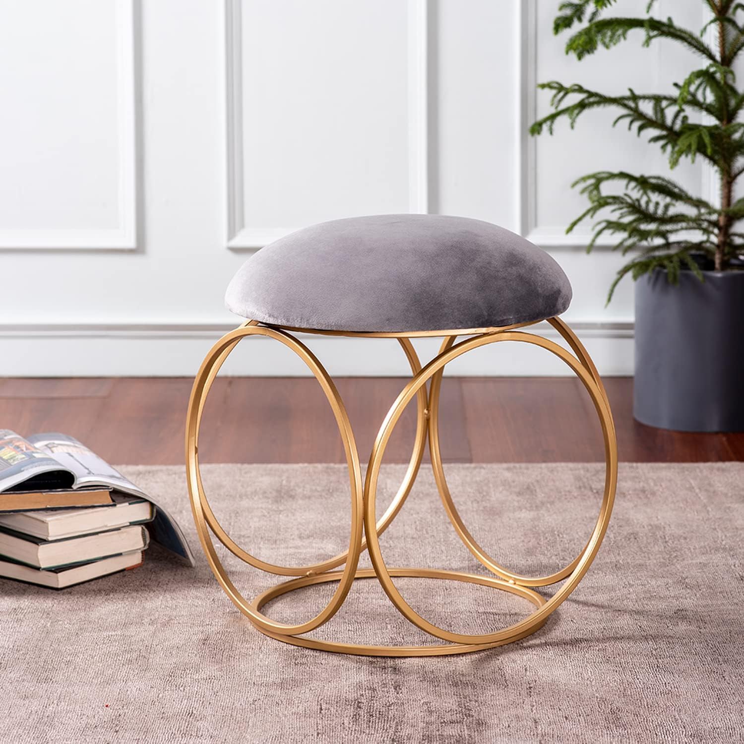 Minimalist Glam Rich Grey Color Stool with Circular Gold Base