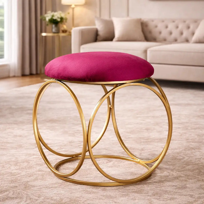 minimalist-glam-rich-pink-color-stool-with-circular-gold-base