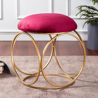 Minimalist Glam Rich Pink Color Stool with Circular Gold Base