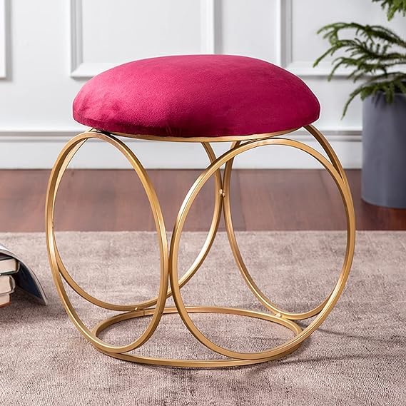 minimalist-glam-rich-pink-color-stool-with-circular-gold-base