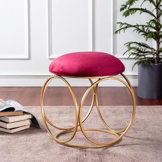 Minimalist Glam Rich Pink Color Stool with Circular Gold Base