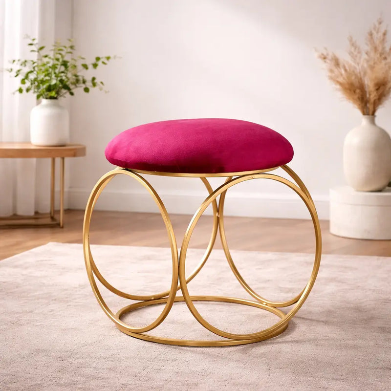 minimalist-glam-rich-pink-color-stool-with-circular-gold-base