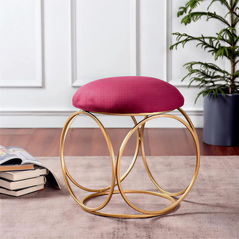 minimalist-glam-rich-pink-color-stool-with-circular-gold-base
