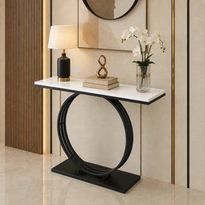 Minimalist Marble Console Table with Sleek Black Circular Base