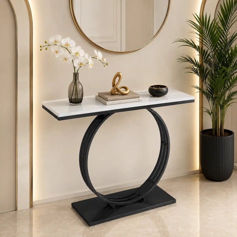 Minimalist Marble Console Table with Sleek Black Circular Base