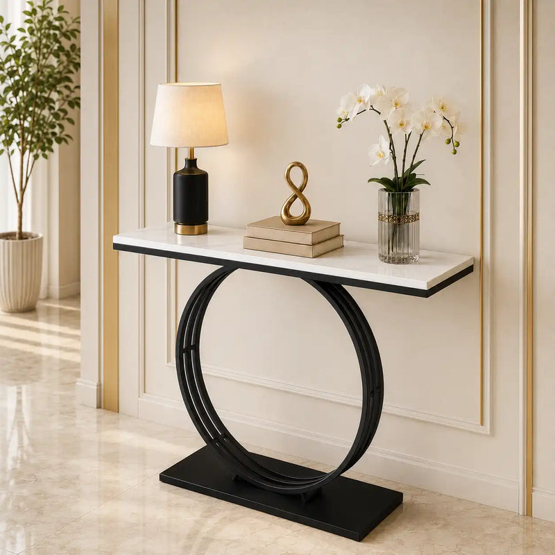 Minimalist Marble Console Table with Sleek Black Circular Base
