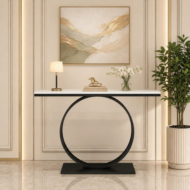 Minimalist Marble Console Table with Sleek Black Circular Base