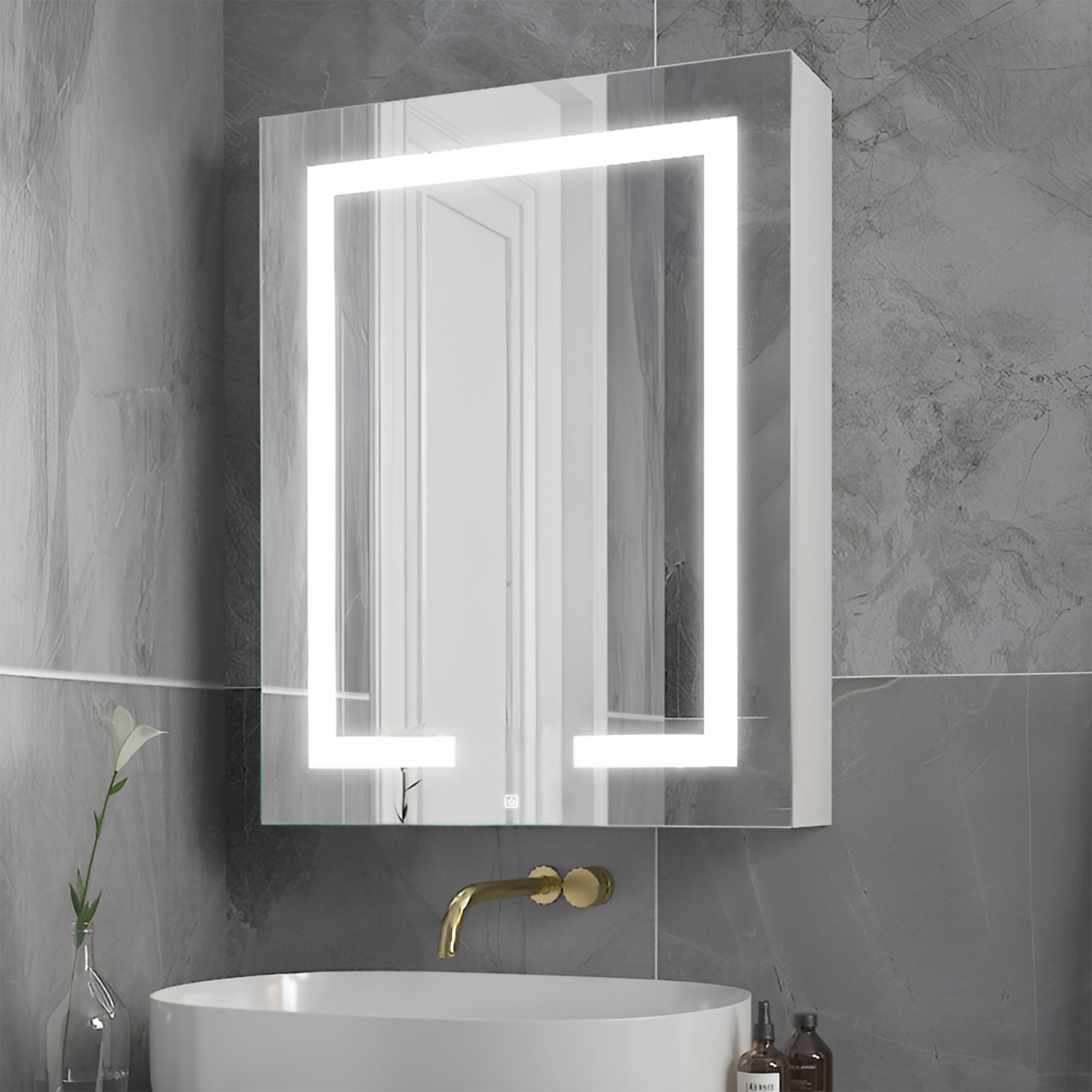Minimalist Mirror Cabinet with Vertical Light Strips and Storage