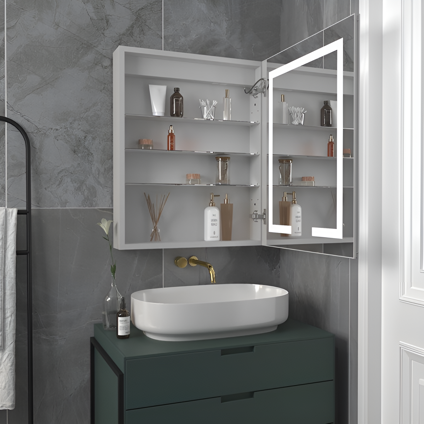 Minimalist Mirror Cabinet with Vertical Light Strips and Storage