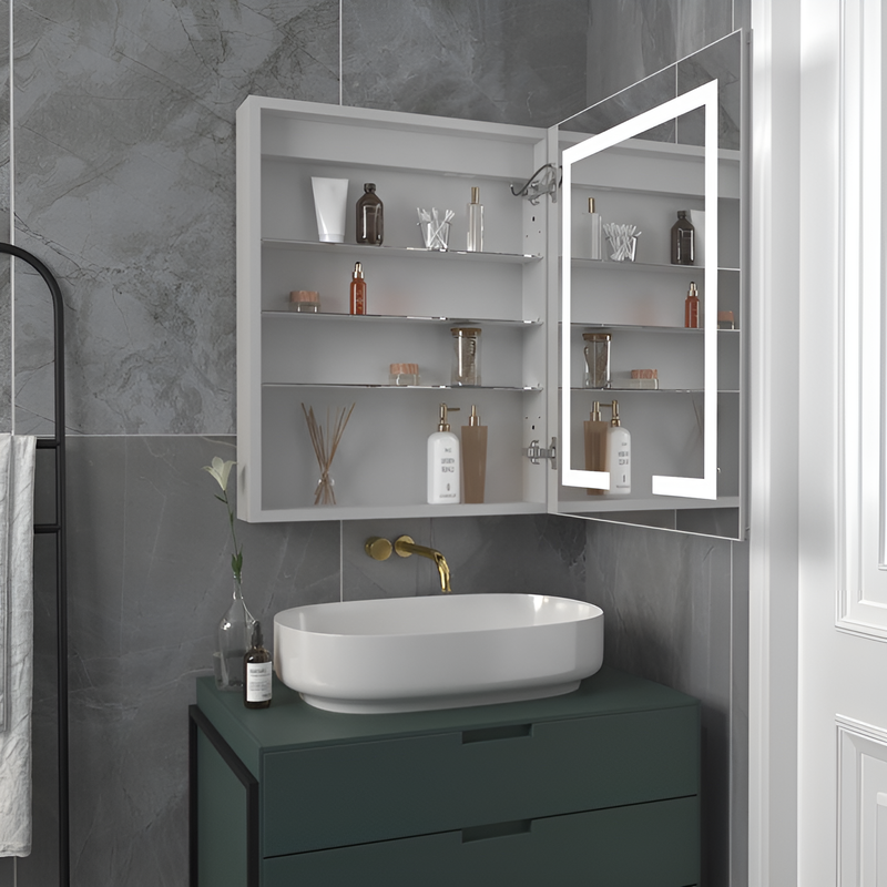 Minimalist Mirror Cabinet with Vertical Light Strips and Storage