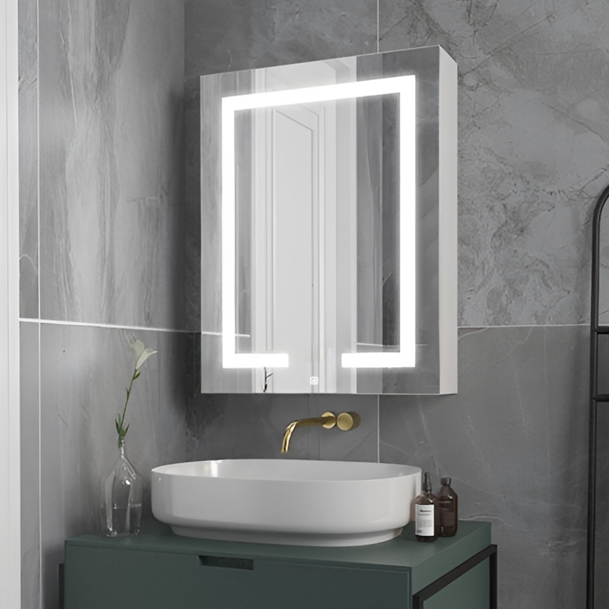 Minimalist Mirror Cabinet with Vertical Light Strips and Storage