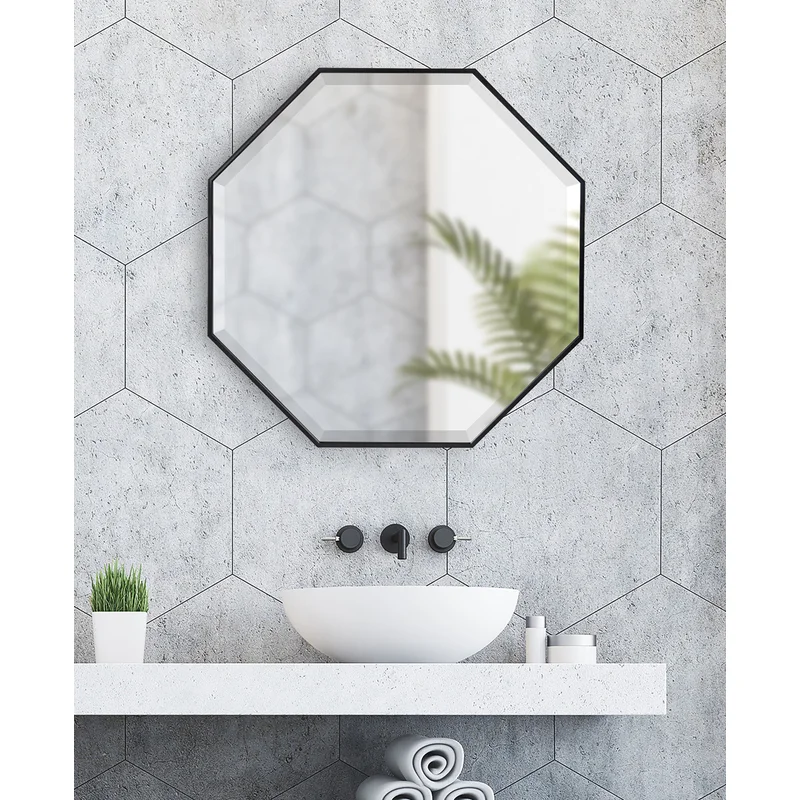 Minimalist Octagon Artistic Black Framed Metal Finish Bathroom Mirror