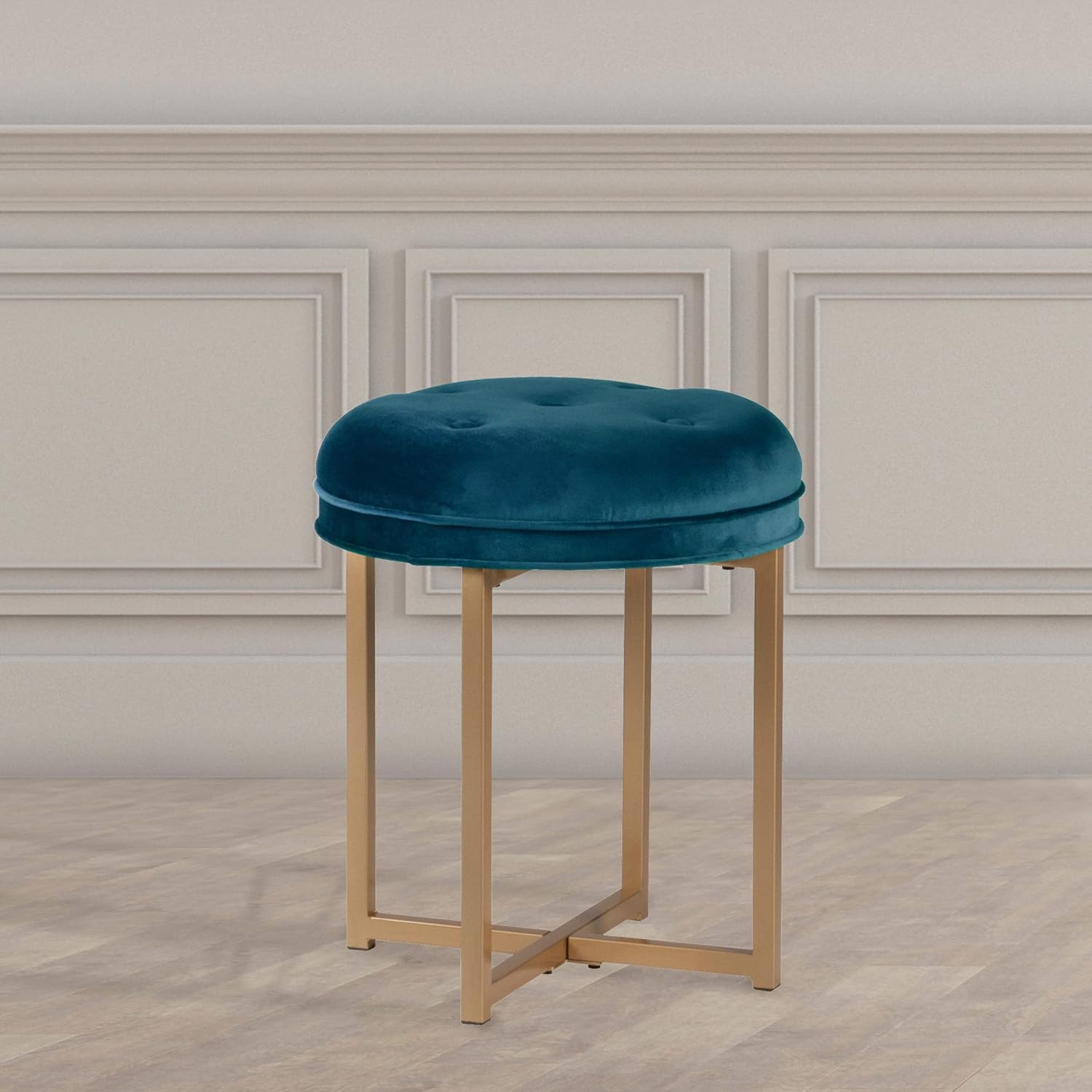 Minimalist Round Stool in Teal and Gold Finish