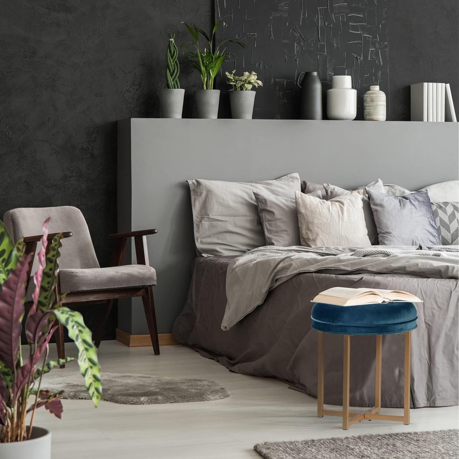 Minimalist Round Stool in Teal and Gold Finish