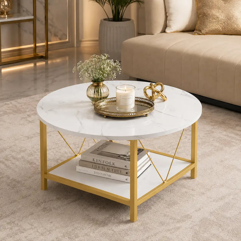 Minimalist Two-Tier Golden Metal Finish with White Marble Center Table