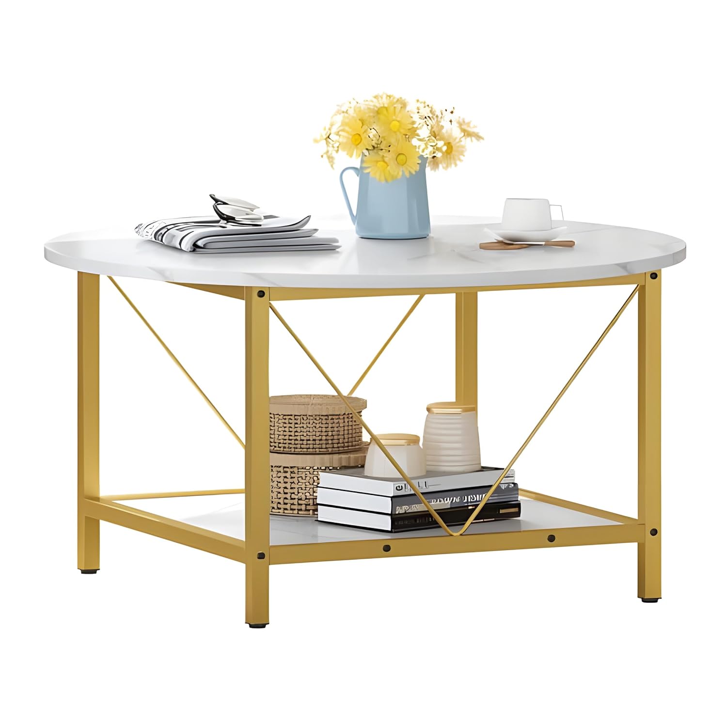 Minimalist Two-Tier Golden Metal Finish with White Marble Center Table