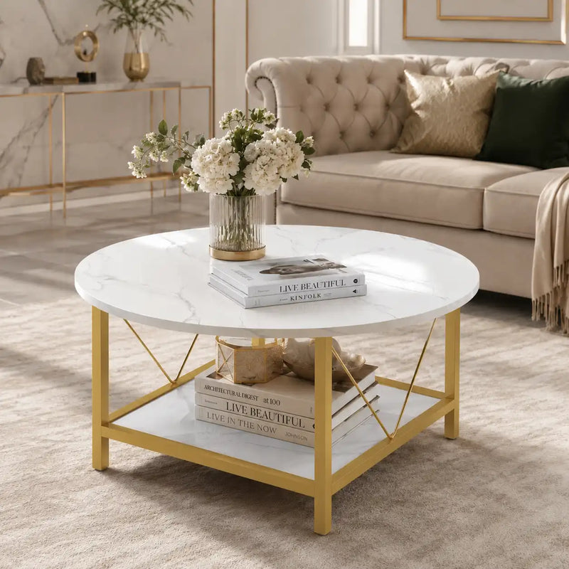 Minimalist Two-Tier Golden Metal Finish with White Marble Center Table