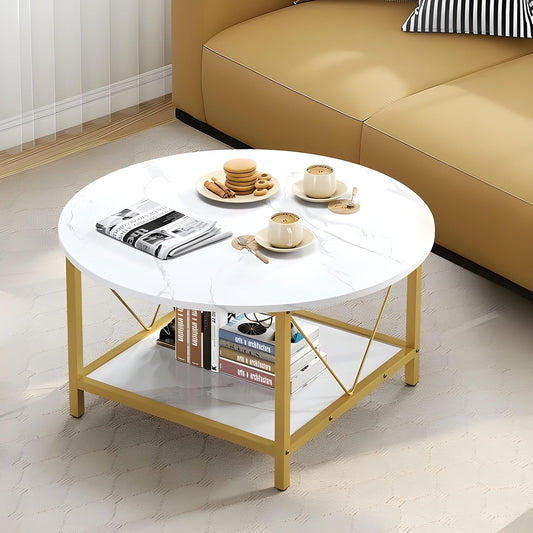 Minimalist Two-Tier Golden Metal Finish with White Marble Center Table