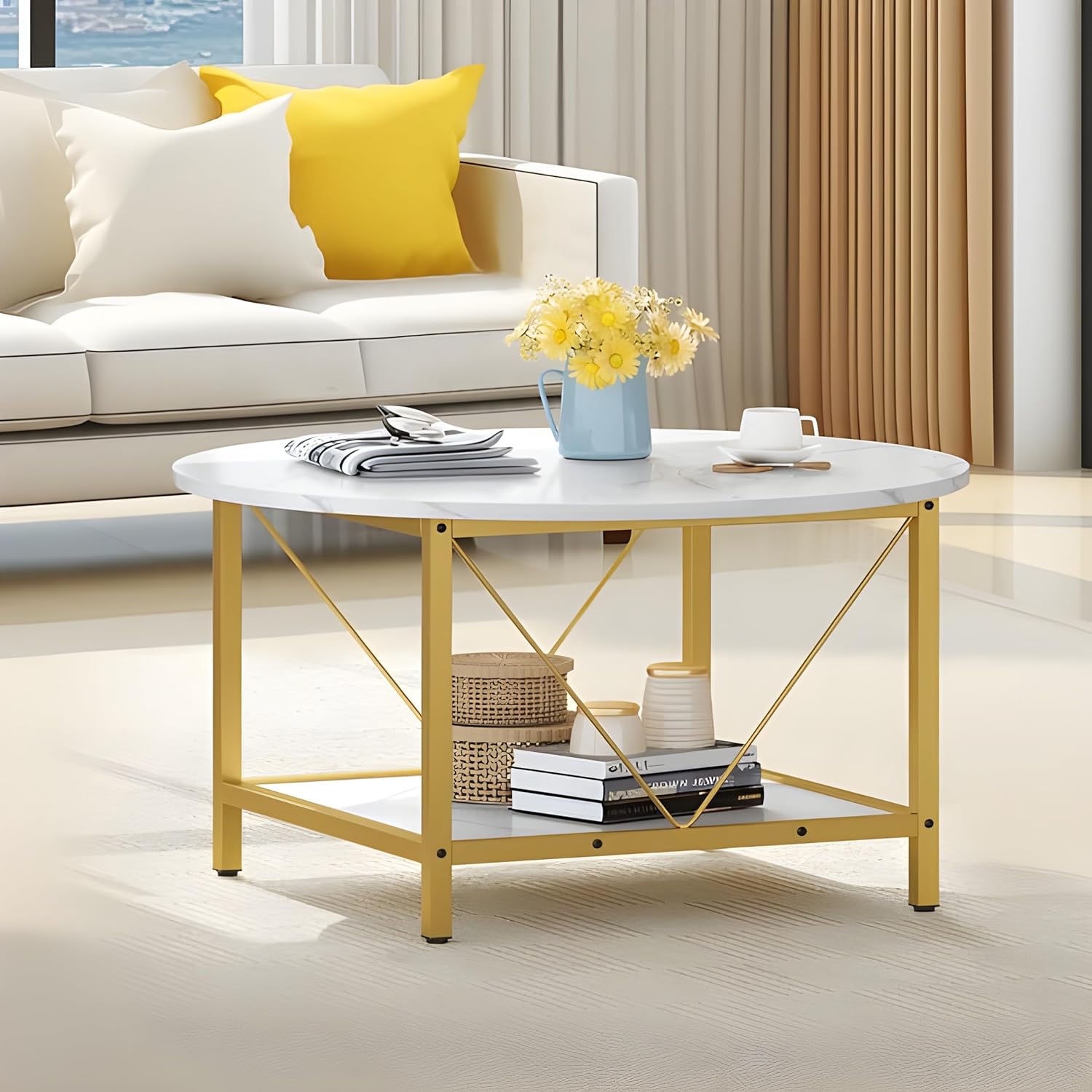 Minimalist Two-Tier Golden Metal Finish with White Marble Center Table