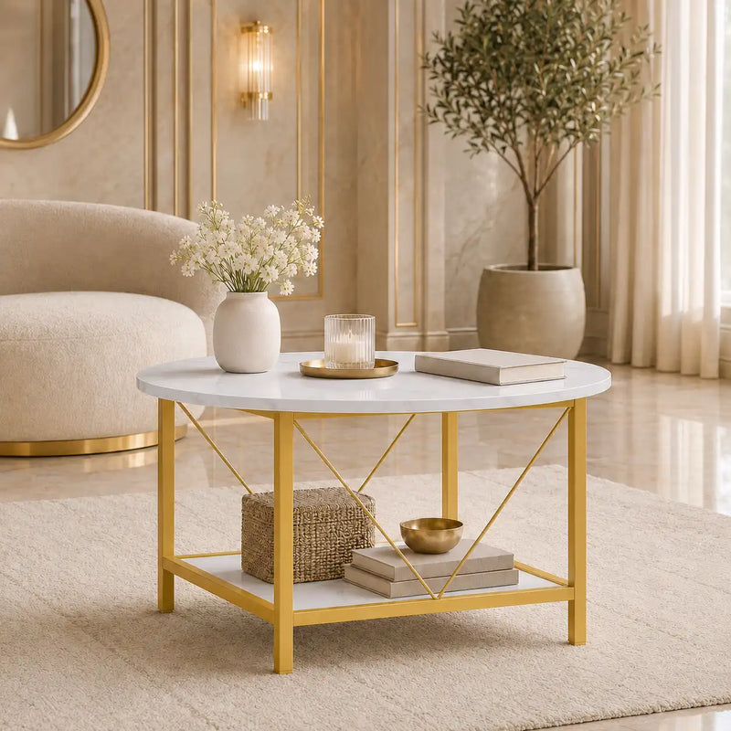 Minimalist Two-Tier Golden Metal Finish with White Marble Center Table