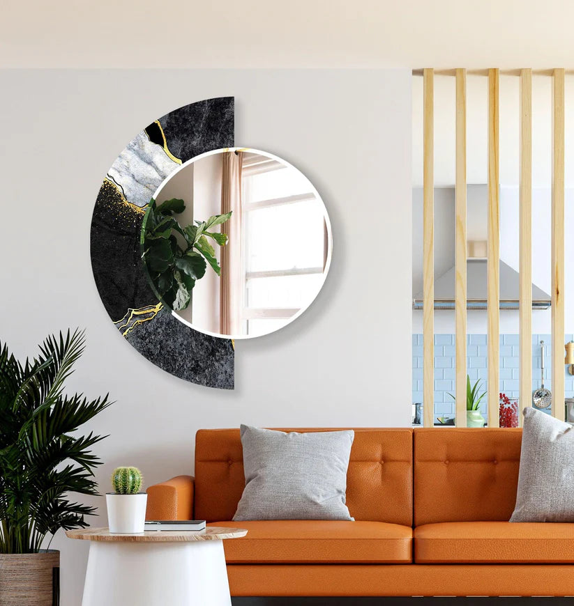 Minimalist Acrylic Wall Mirror with Artistic Stone Crescent
