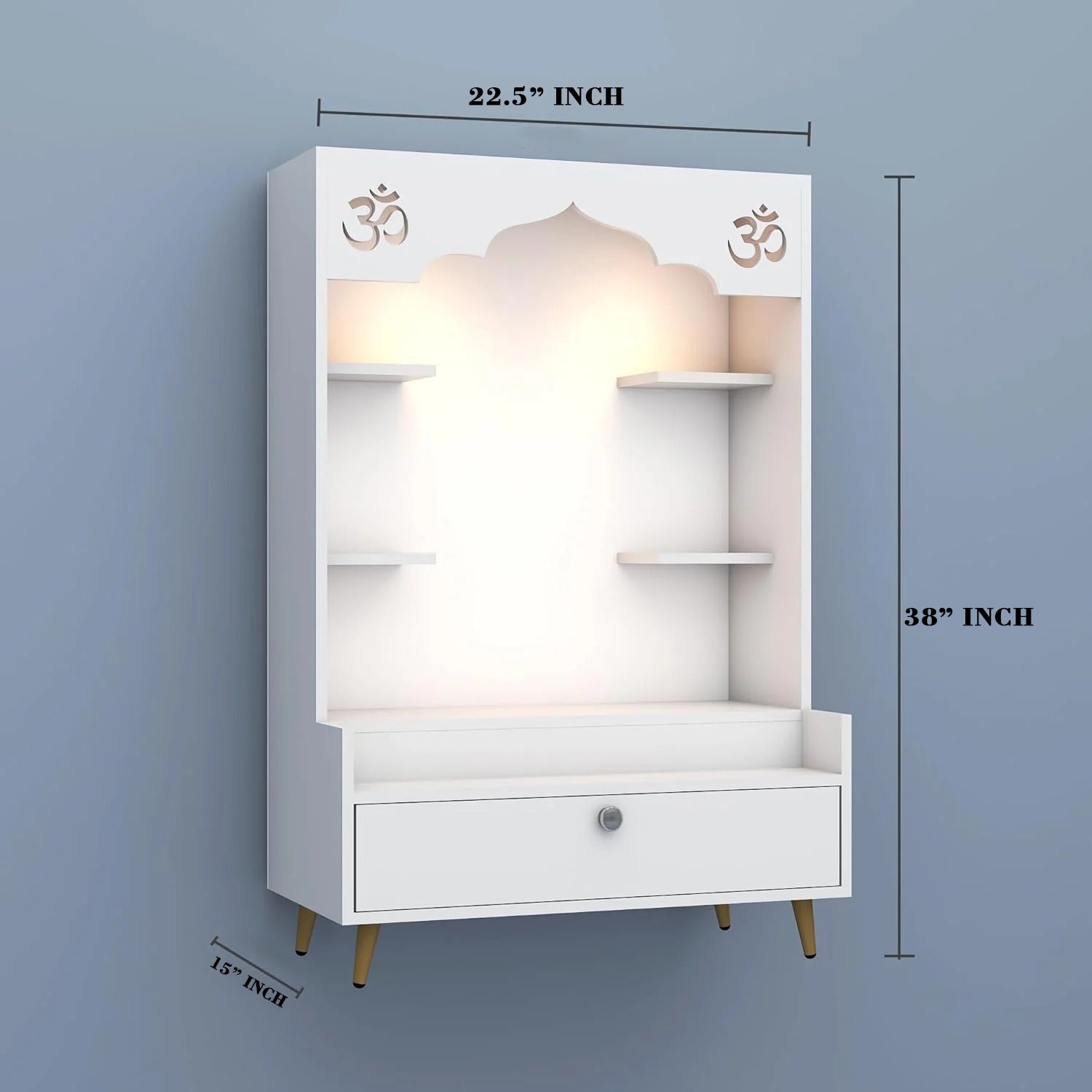 Minimalist White Wooden Floor Pooja Mandir with Open Shelves Om Engraving & Drawer